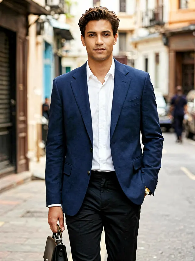 Workday look example in a navy blazer, street style