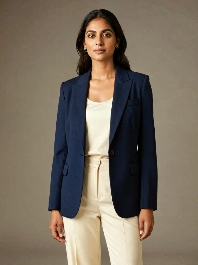 Studio-style portrait example in a navy blazer, generated from a phone selfie