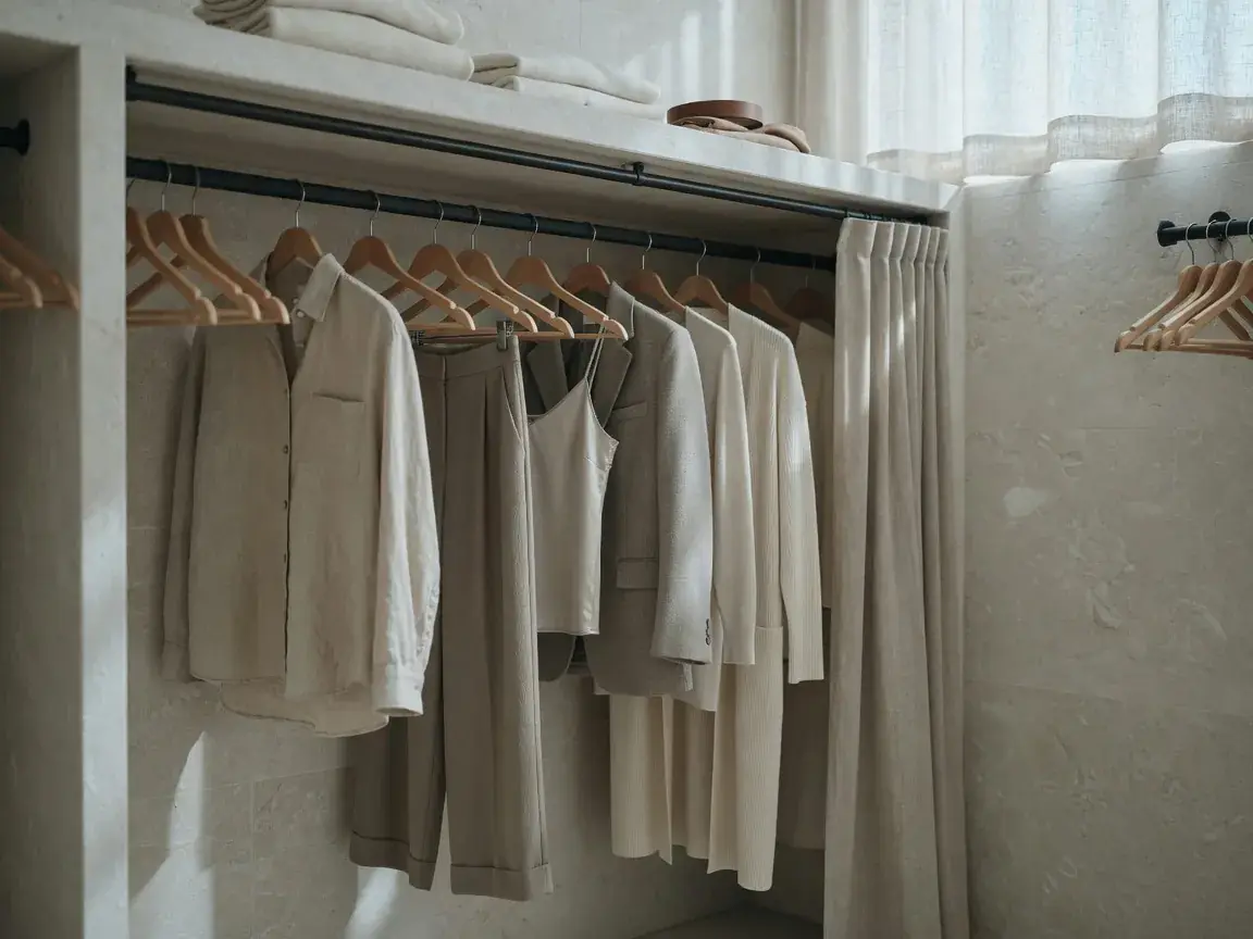 A neatly arranged wardrobe of everyday clothes