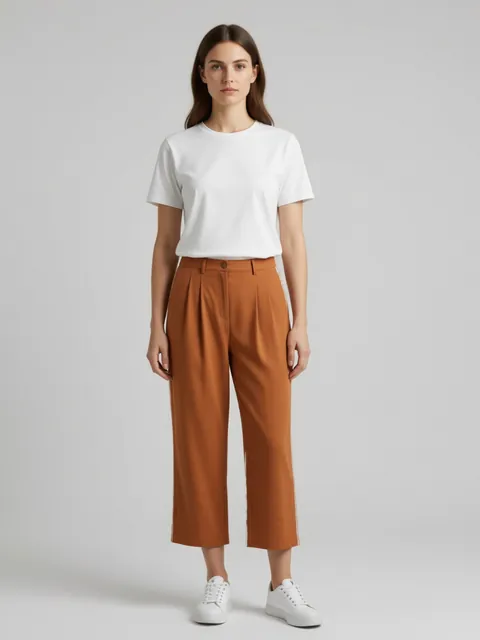 The outfit FitCheck put together from those pieces, worn: white t-shirt, rust trousers, white sneakers